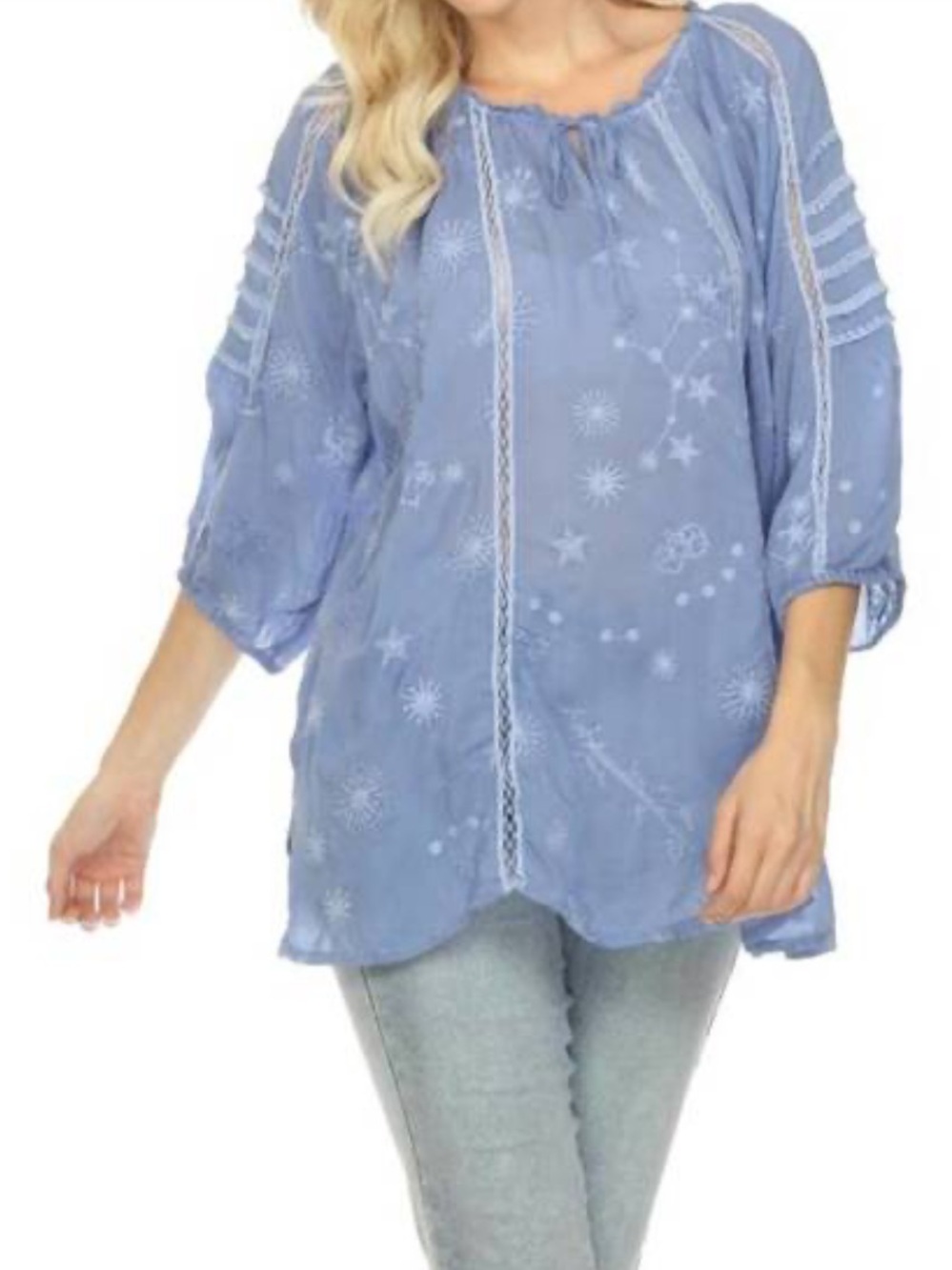 Johnny Was Embroidered Celestin Neptune Blouse, Semi Sheer Summer Boho Top